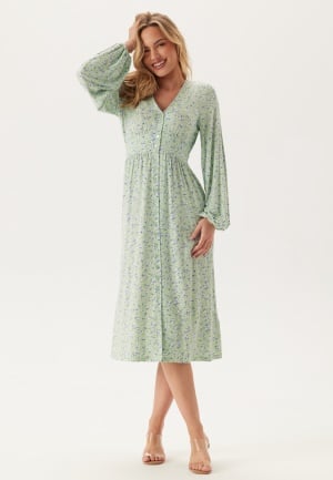 BUBBLEROOM Midi Button Volume Sleeve Dress Light green/Patterned XS