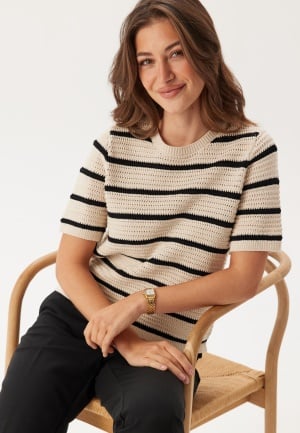SELECTED FEMME Slfvinna Ss Structure Knit O_x Birch Stripes:Black XS
