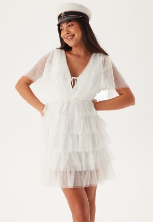 Bubbleroom Occasion Deep V-neck Tulle Dress  White 40