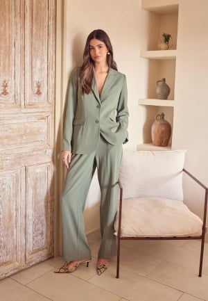 BUBBLEROOM Straight Leg Pleated Suit Pants  Dusty green 36