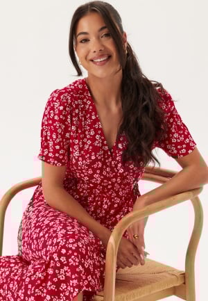 Happy Holly Evie Puff Sleeve Midi Wrap Dress Red/Patterned 52/54