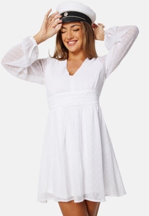 Bubbleroom Occasion Dotted Tie Back L/S Chiffon Dress White 44