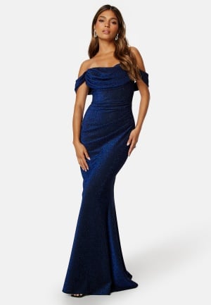 Goddiva Glitter Off Shoulder Maxi Dress Dark blue M (UK12)