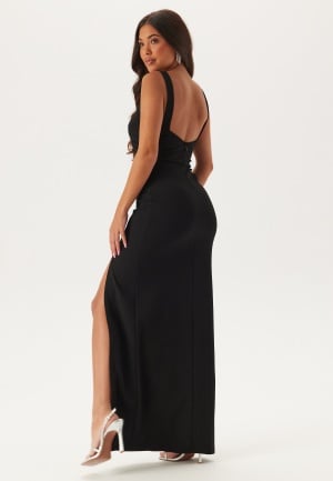 Bubbleroom Occasion Square Neck Slit Maxi Dress Black S