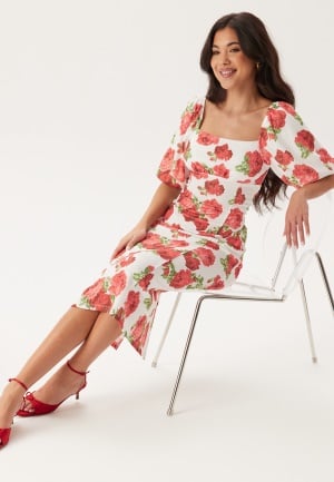 BUBBLEROOM Volume Sleeve Midi Dress Red/Floral M