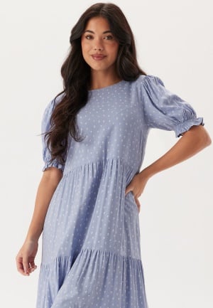 Happy Holly Puff Sleeve Viscose Midi Dress Light blue/Patterned 44/46