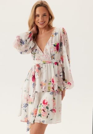Goddiva Floral Long Sleeve Tiered Skater Dress White Floral M (UK12)
