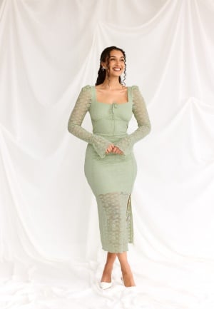 BUBBLEROOM Square Neck Lace Dress Dusty green XL