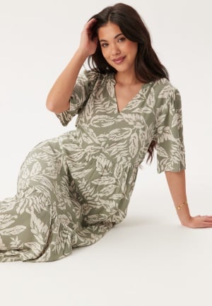 Happy Holly Puff Sleeve Viscose Dress Khaki green/Patterned 44/46