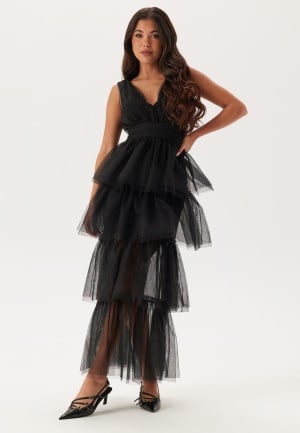 Bubbleroom Occasion High Slit Tulle Maxi Dress Black 46