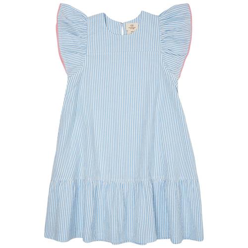 Copenhagen Colors GOTS Seersucker-kjole Med Flæseærmer Sky Blue Cream Pink Stripe | Blå | 110 cm