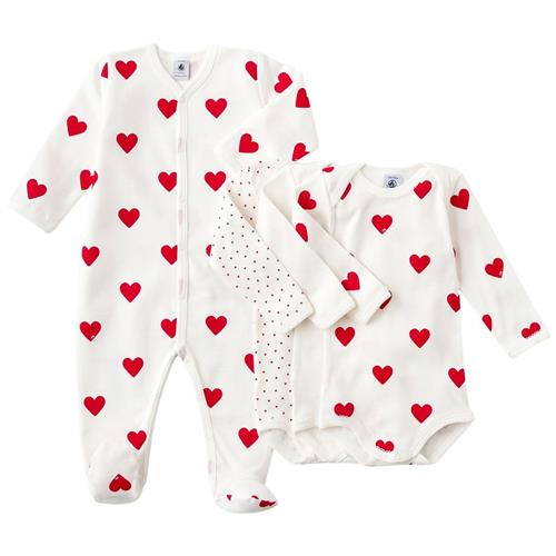 Petit Bateau Hearts 3 Bodysuits Gavesæt White Red | Hvid | 3 months