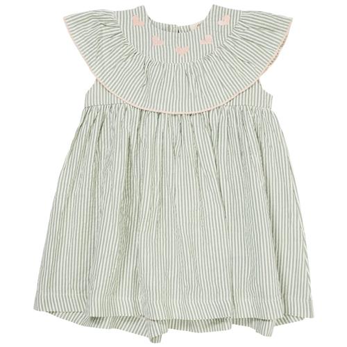 Copenhagen Colors GOTS Hearts Seersucker-kjole Green Cream Rose Stripe | Grønn | 104 cm