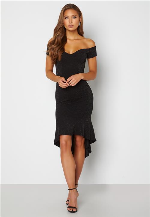 John Zack Glitter Off Shoulder Frill High Low Dress