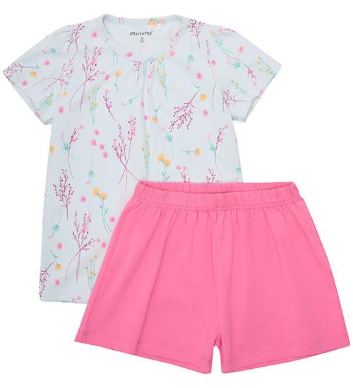 Minymo Shortssæt - T-shirt/Shorts - Wan Blue m. Blomster