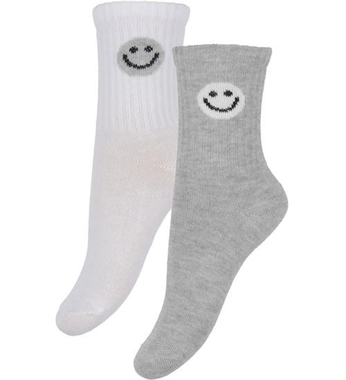 Minymo Strømper - 2-Pak - Gråmeleret/Hvid m. Smiley