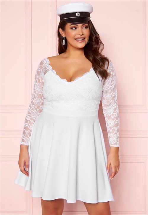 Goddiva Curve Long Sleeve Lace Trim Skater Curve Dress