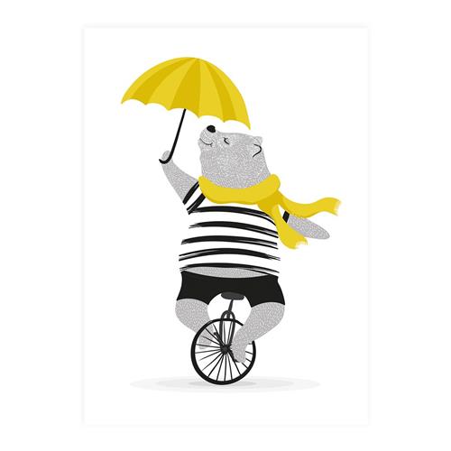XO Posters Poster Mr Bear on Unicycle With Umbrella One Size  Gul  One Size  Unisex