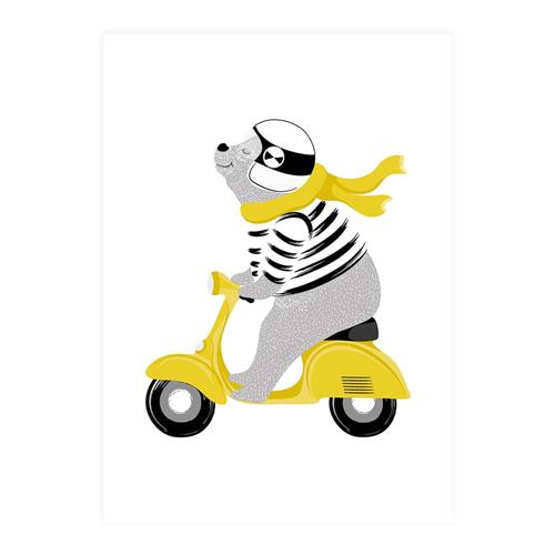 XO Posters Poster Mr Bear On Moped 50 x 70 cm  Gul  50 x 70 cm  Unisex