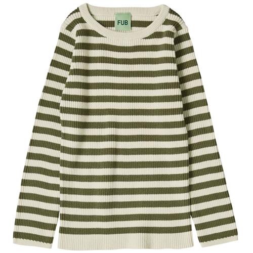 FUB Stribet Ribbet Langærmet T-shirt Ecru/Olive 110 cm  Beige  110 cm  Unisex