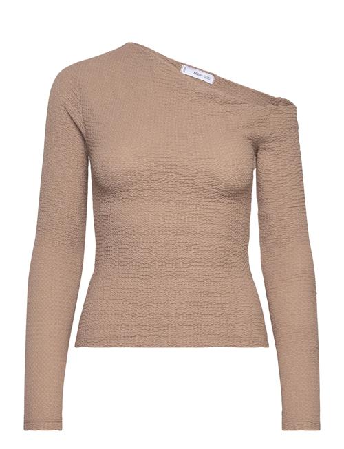 Textured Asymmetrical Neck T-Shirt Mango Beige