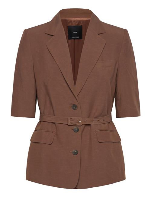 Linen-Blend Suit Jacket With Belt Mango Brown