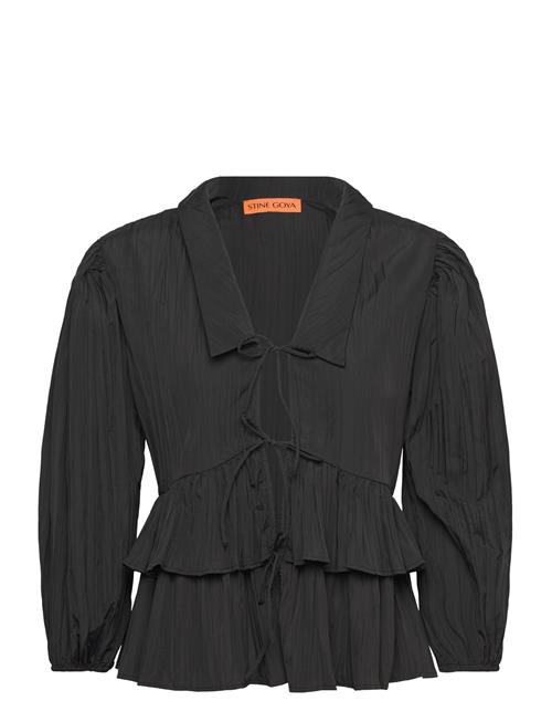 2342 Pleated Poly, Balloon Sleeve Tie Top STINE GOYA Black