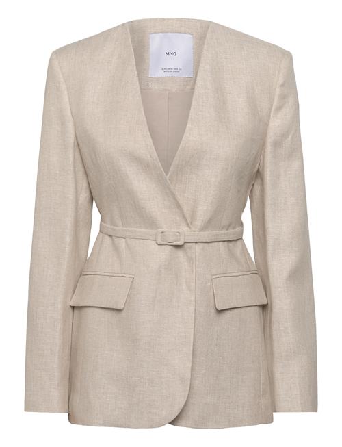 Linen Suit Jacket With Belt Mango Beige