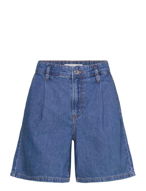 Mid-Rise Denim Bermuda Shorts With Pleats Mango Blue
