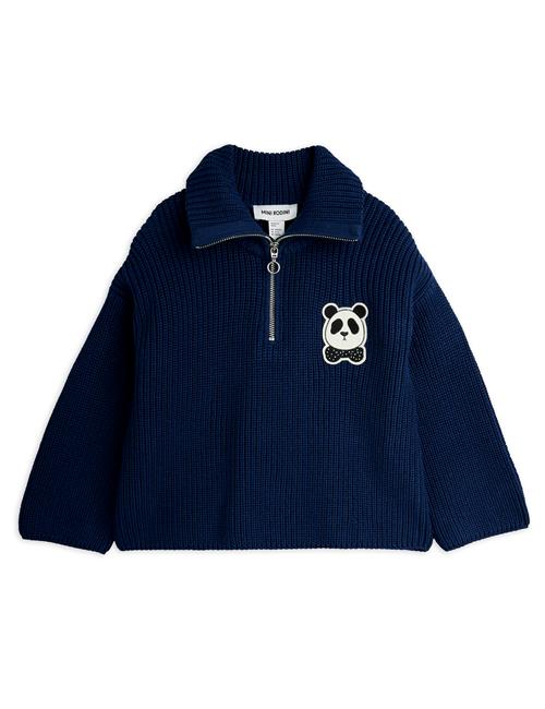 Mini Rodini GOTS Panda Chunky Strik-sweater Med Halv Lynlås  Blue 92/98 cm  Blå  92/98 cm  mand