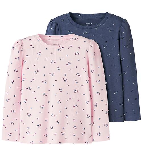 Name It Bluser - 2-pak - Rib - NmfNelia - Rosa/Lilla m. Blomster