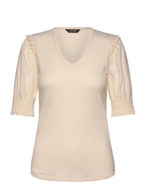 Rib-Knit Cotton-Blend Puff-Sleeve Top Lauren Ralph Lauren Cream