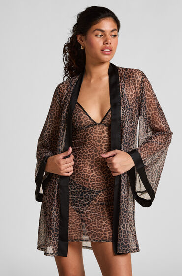 Hunkemöller Kimono i leopardprintet mesh Sort
