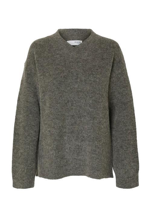 Slfsia Ras Ls Knit Long V-Neck Noos Selected Grey