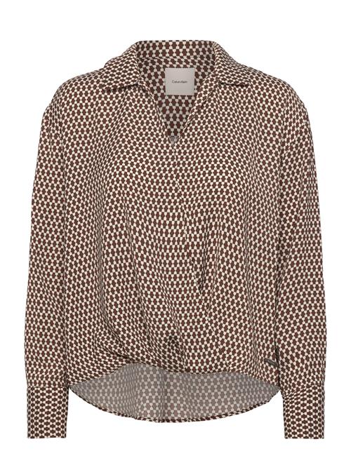 Printed Crepe Ls Faux Wrap Top Calvin Klein Brown