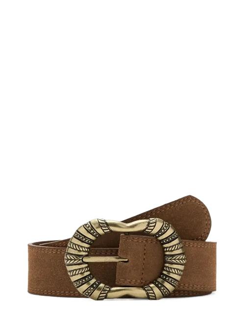 Suede Leather Belt With Engraved Buckle Mango Brown