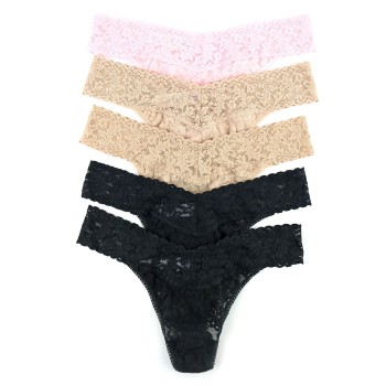 Hanky Panky Trusser 5P Signature Lace Original Rise Thongs Sort/Rosa nylon One Size Dame