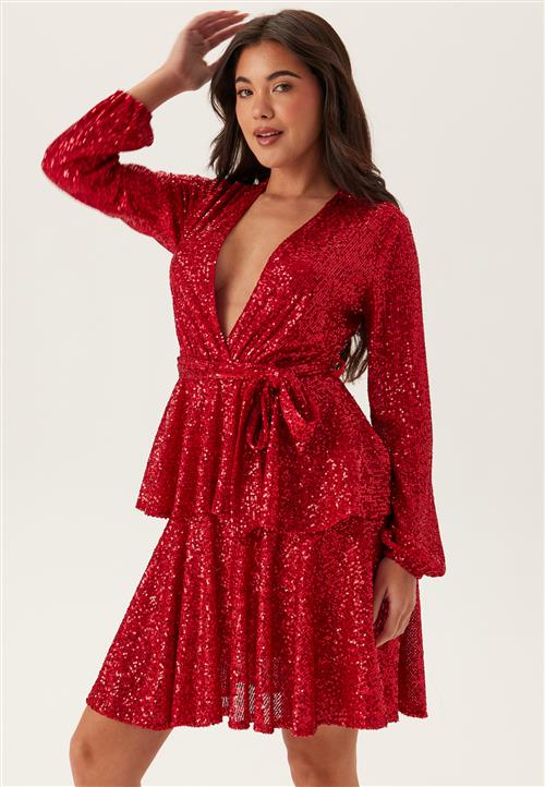 John Zack Sequin Deep V Ruffle Skater Dress