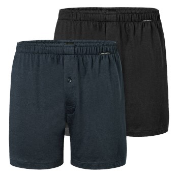 Schiesser 2P Long Boxershorts Sort/Blå bomuld Small Herre