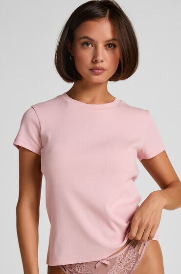 Hunkemöller Crew neck pyjamastop i rib med korte ærmer Lyserød