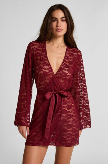 Hunkemöller Kimono i heldækkende blonde Rød