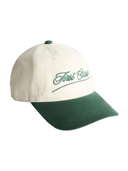 Bershka Hætte 'FIRST CLASS'  ecru / mørkegrøn