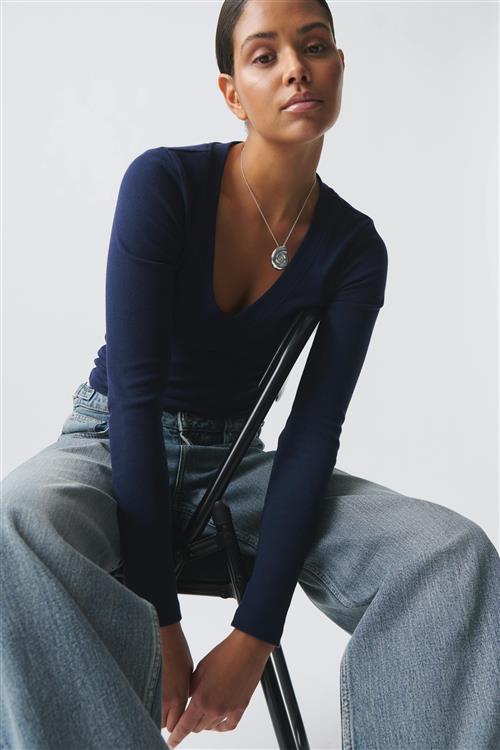 Gina Tricot - V-neck top - Langærmede toppe - Blå - L - Dame