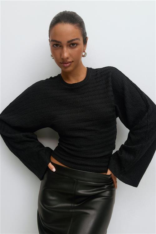 Gina Tricot - Textured wide sleeve top - Langærmede toppe - Sort - M - Dame