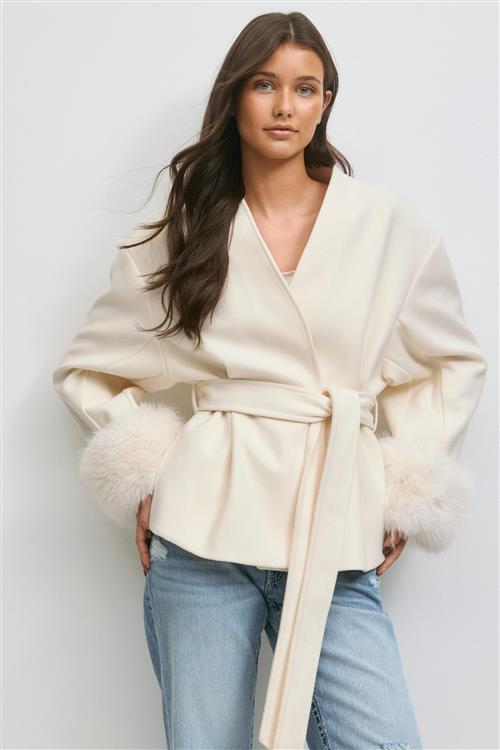 Gina Tricot - 14+ shaped fur felt jacket - jakke - Hvid - M - Dame