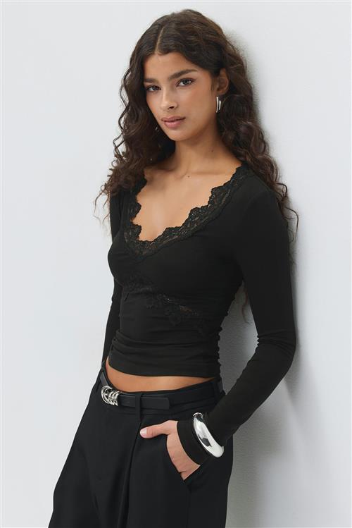 Gina Tricot - V-neck lace detail top - Langærmede toppe - Sort - M - Dame