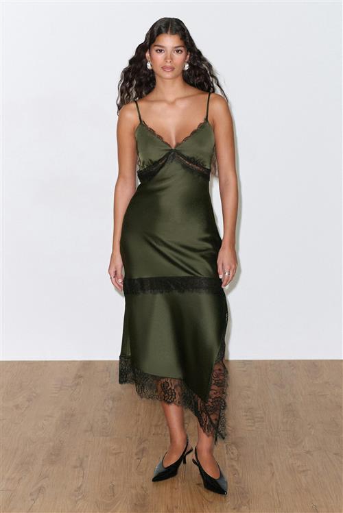 Gina Tricot - Satin lace midi dress - satinkjoler - Grøn - 36 - Dame