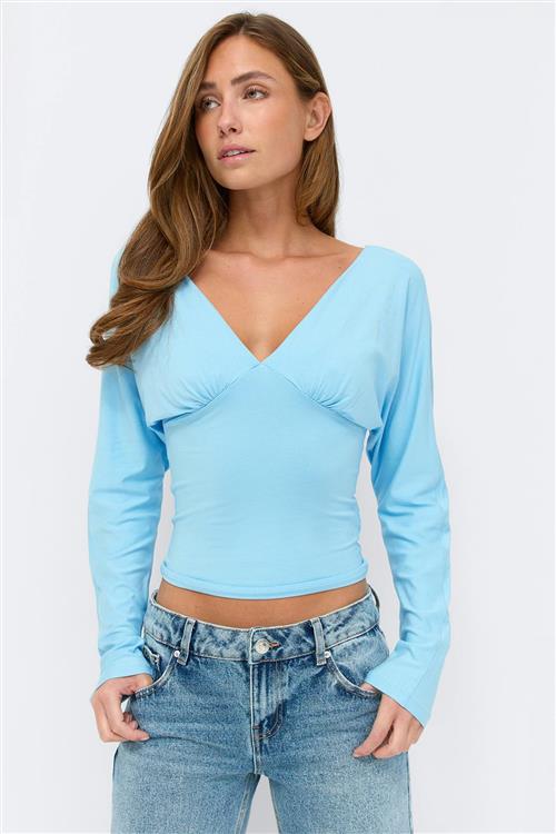 Gina Tricot - V-neck top - Langærmede toppe - Blå - XS - Dame