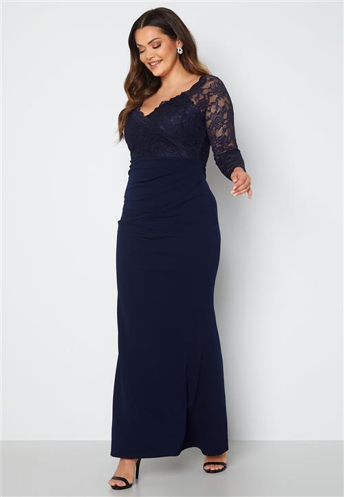 Goddiva Curve Long Sleeve Lace Trim Maxi Dress