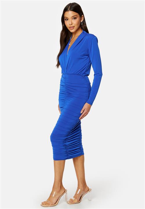 John Zack Deep V Rouched Midi Dress